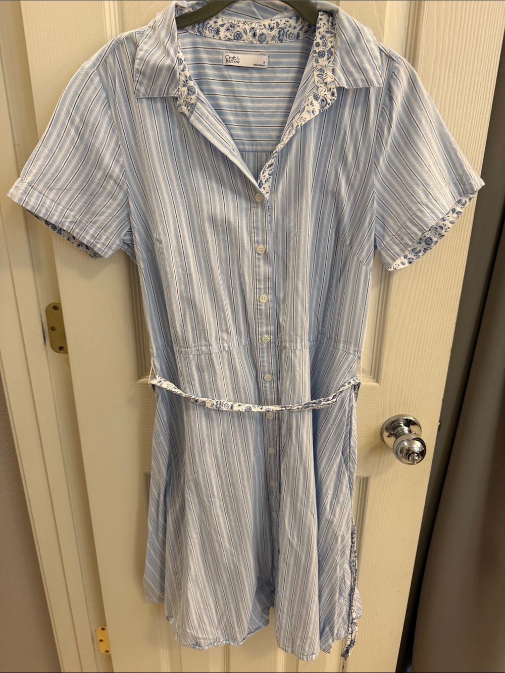 croft & barrow Blue and White Striped Midi Shirt Dress with Floral Trim